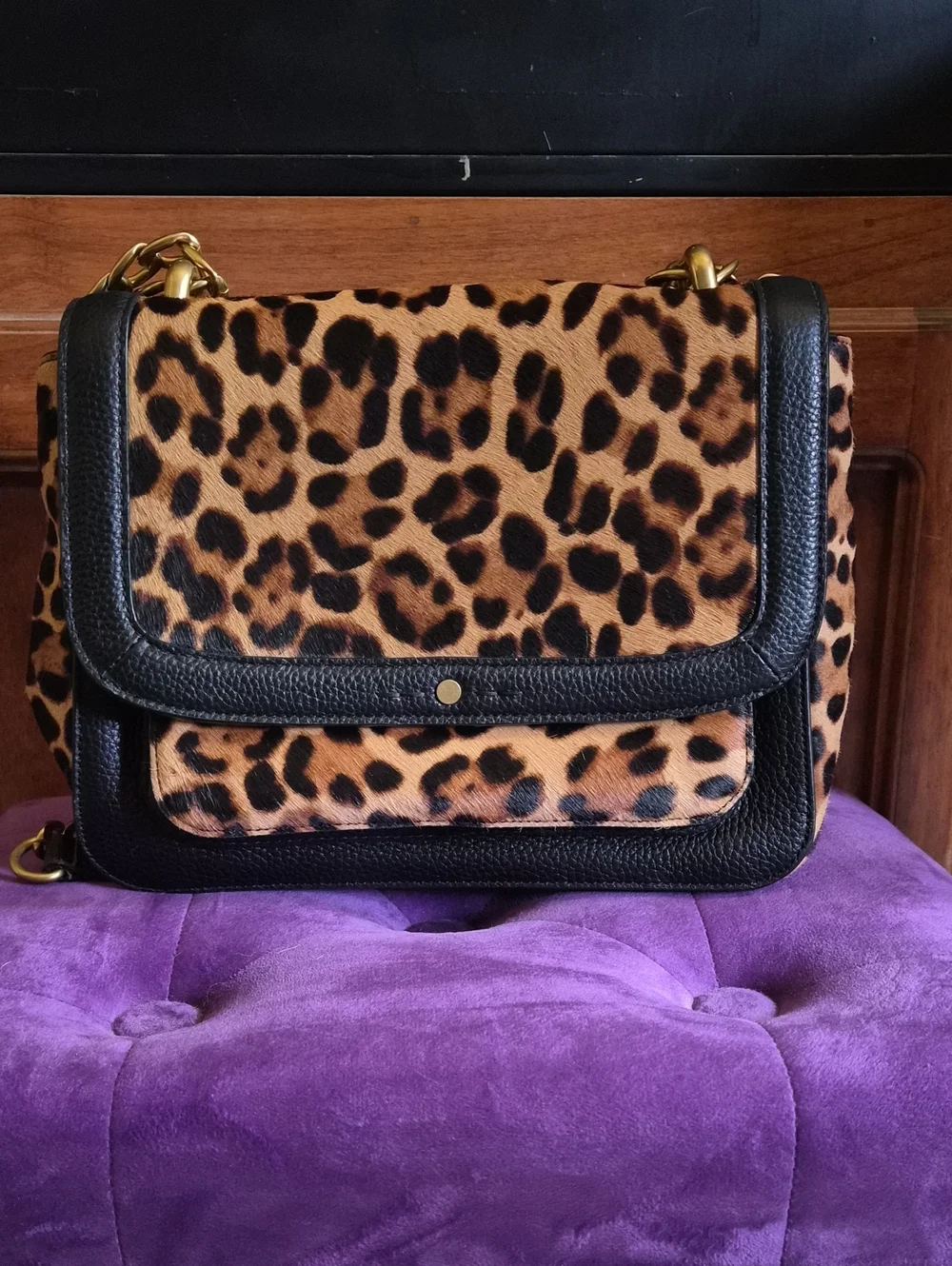 NWT J. Crew Leopard-Print Shoulder Bag with Black Trim and Gold Chain